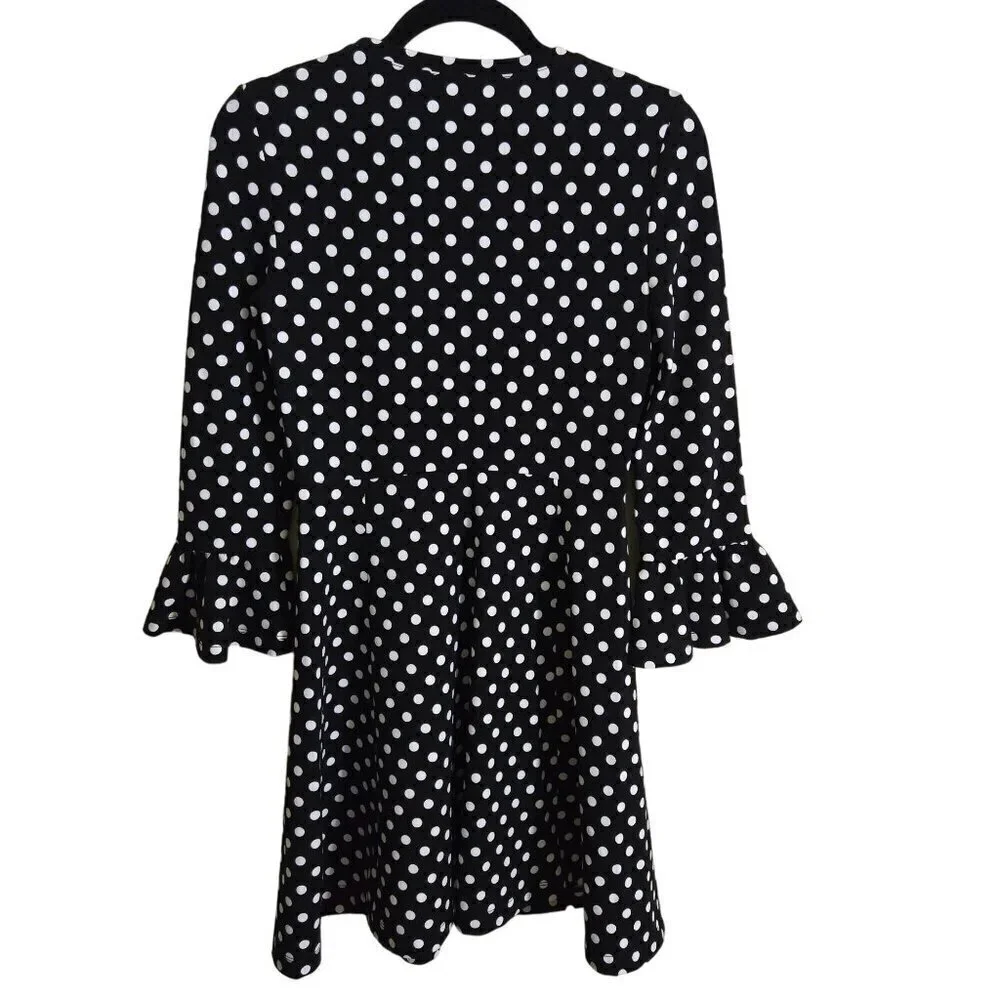 Kate Spade Lia Dot Ponte Dress Black White Polka Dot Flounce Sleeves Size XS